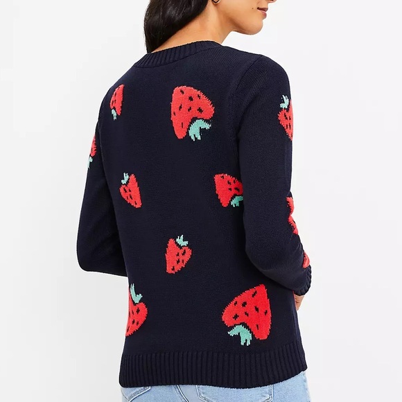Ann Taylor LOFT Strawberry V-Neck Sweater-Navy Blue/Pink-Size Large-Novelty - Picture 3 of 7